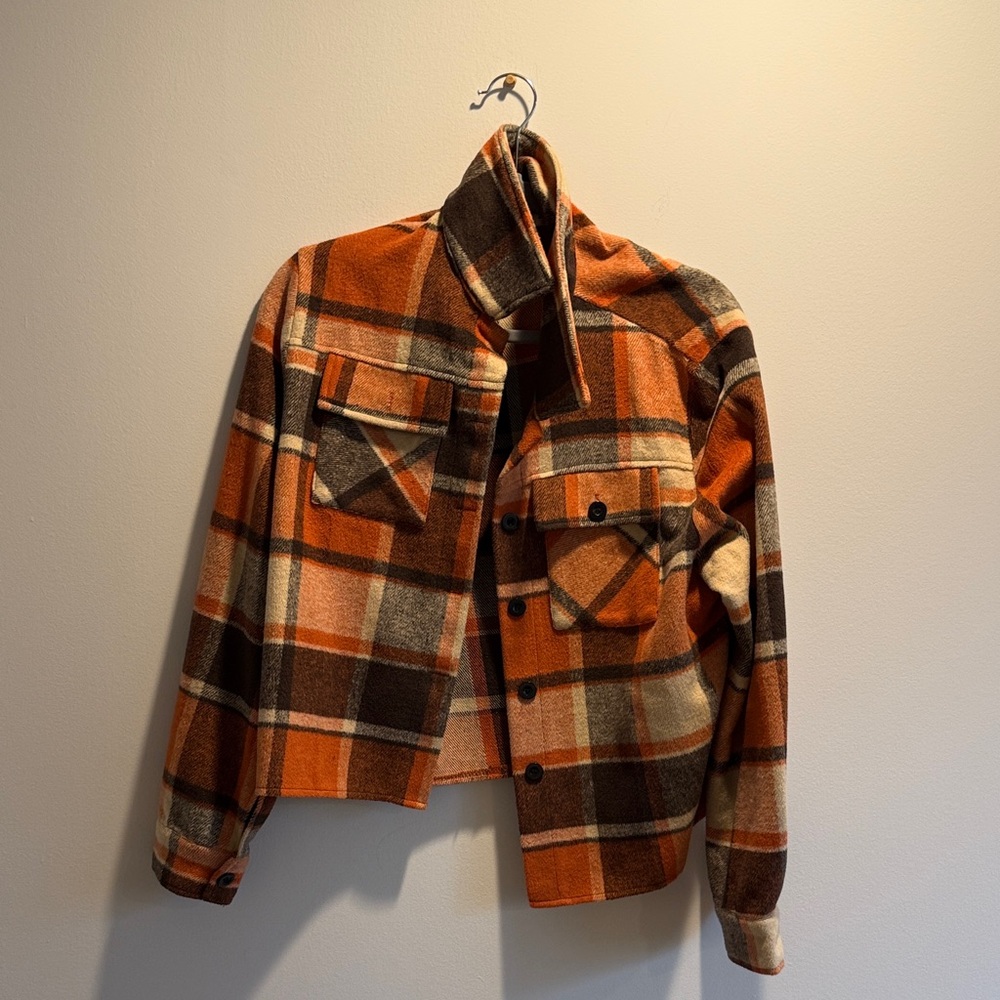 zeagoo Orange and Brown Plaid Cropped Shacket